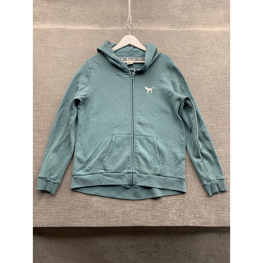 PINK Victoria's Secret Full Zip Fleece Hoodie Womens L Teal Blue Applique Logo